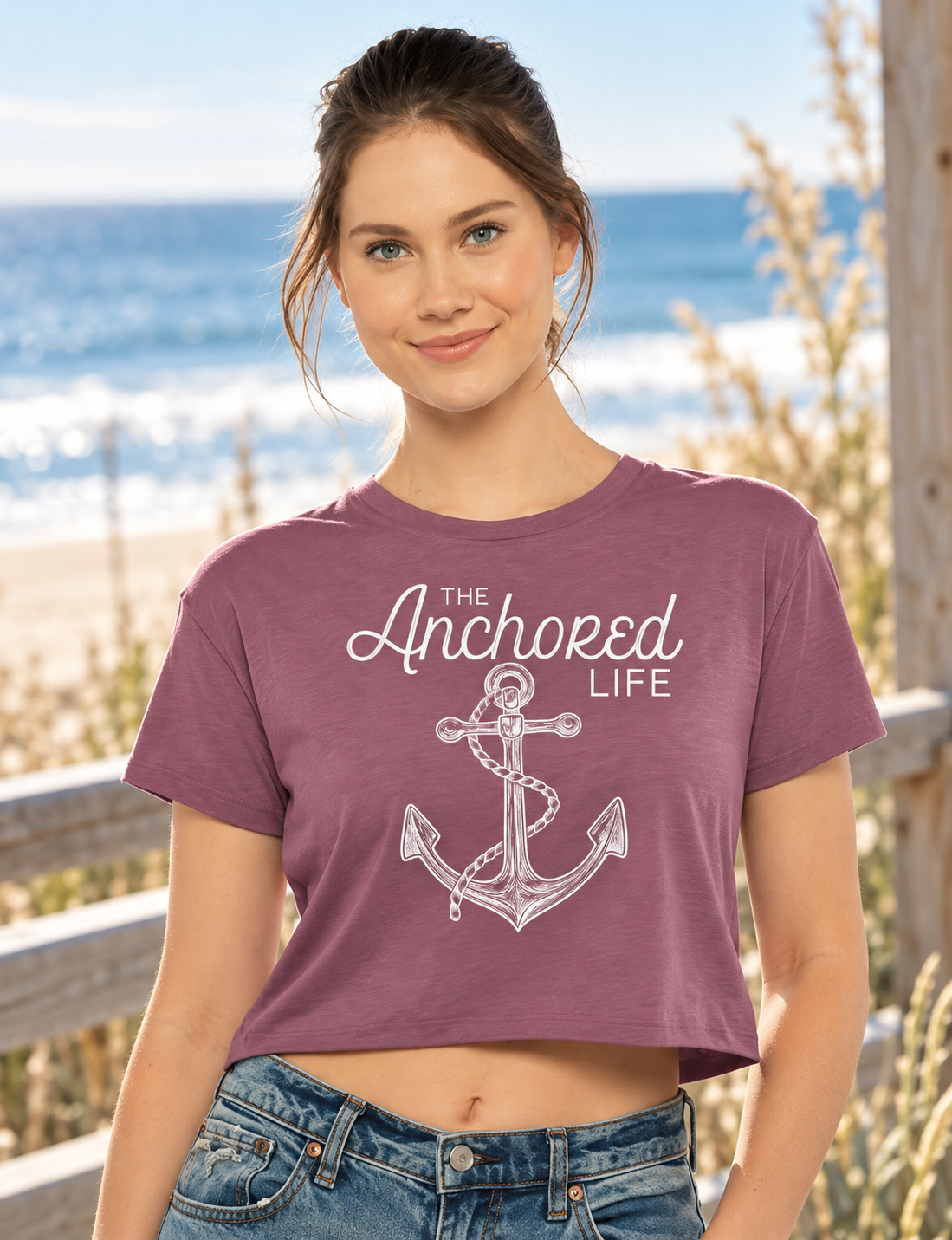 Coastal Anchor Crop Tee - Dusty Mauve