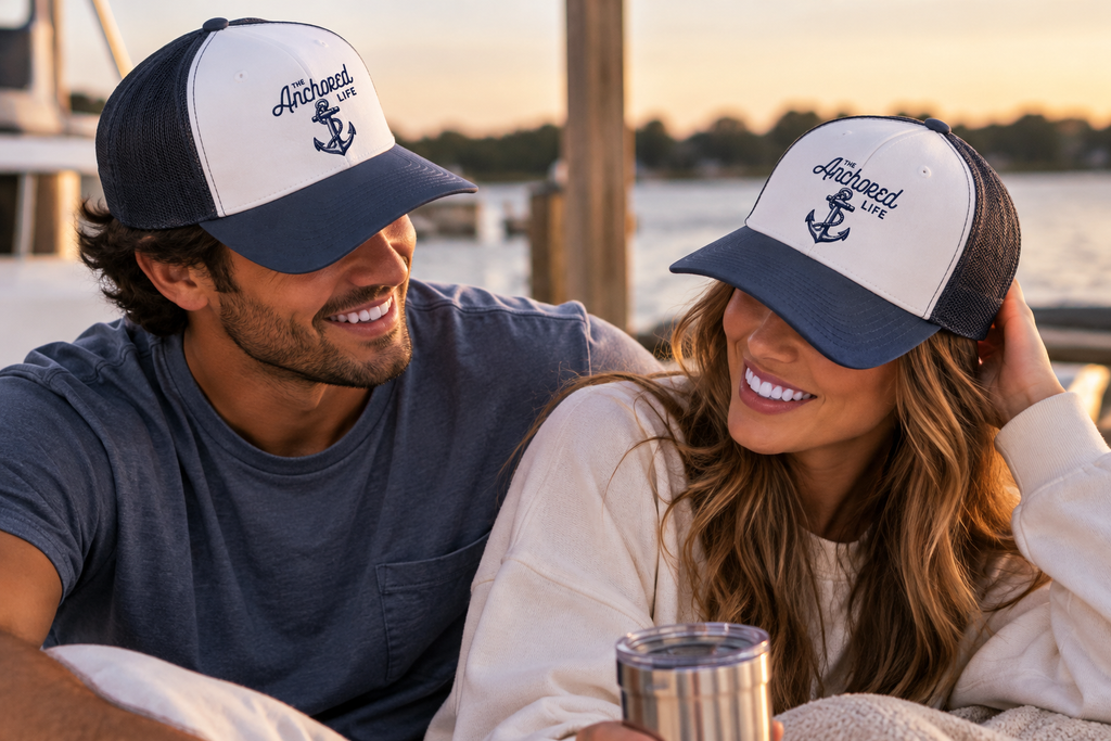 Mesh Anchored Signature Hat - White & Navy