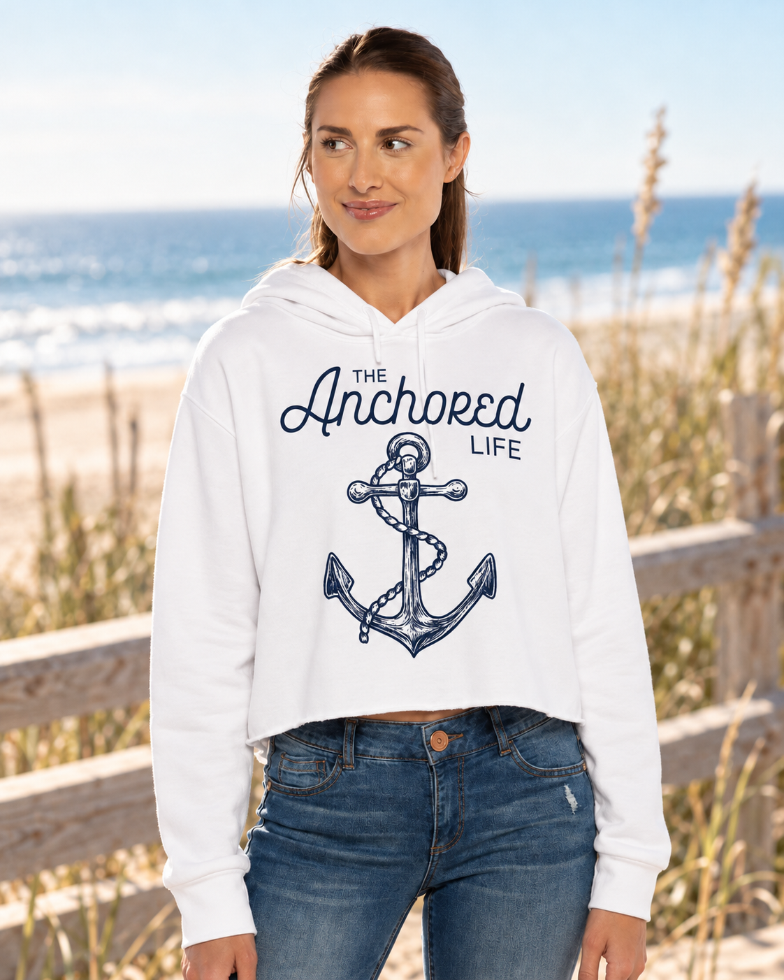 White - Anchored Life Cropped Hoodie